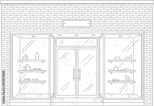 Hand drawn sketch of a local convenience store building with an awning and display windows, perfect for business concepts, retail layout projects, or urban planning visualizations.
