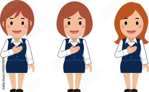 胸に手を当て笑顔。ネイビー事務服の若い女性