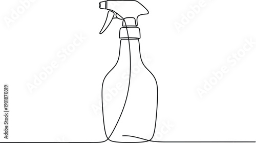 Simple continuous one line drawing depicting a household liquid spray bottle with a trigger top for various product packaging, branding, and communication uses.