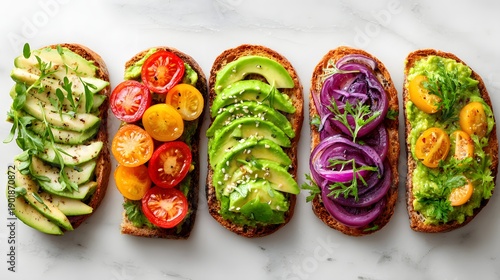 Delicious and Colorful Avocado Toast Variety on a White Surface.