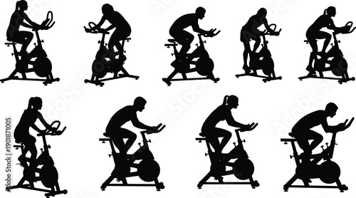 Indoor cycling workout silhouettes on exercise bikes, fitness training illustration set, spinning class athletes, gym exercise vector artwork for stock use