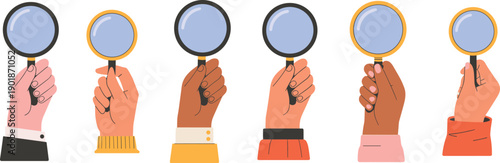 Hands holding magnifying glass set search concept isolated white background vector illustration collection