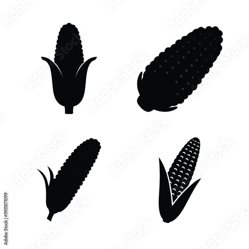 Four distinct illustrations of stylized corn cobs in black and white silhouette.