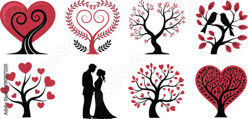 Romantic heart trees, love nature vector illustration, couple silhouette, birds on branches, red blossoms, wedding theme, Valentine’s Day, affection, happiness, romance