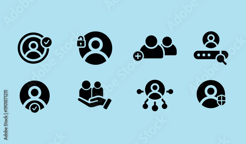 User Account solid fill icons set of 8. New Vector icon collection.