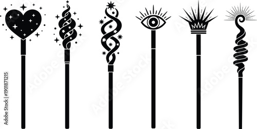 Magical wand silhouette collection with fantasy designs, mystical symbols and spark effects, enchanted magic stick illustration set, vector artwork for stock