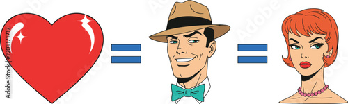 Love relationship concept illustration showing heart symbol connecting man and woman in retro comic style expressing romance, attraction and emotional connection