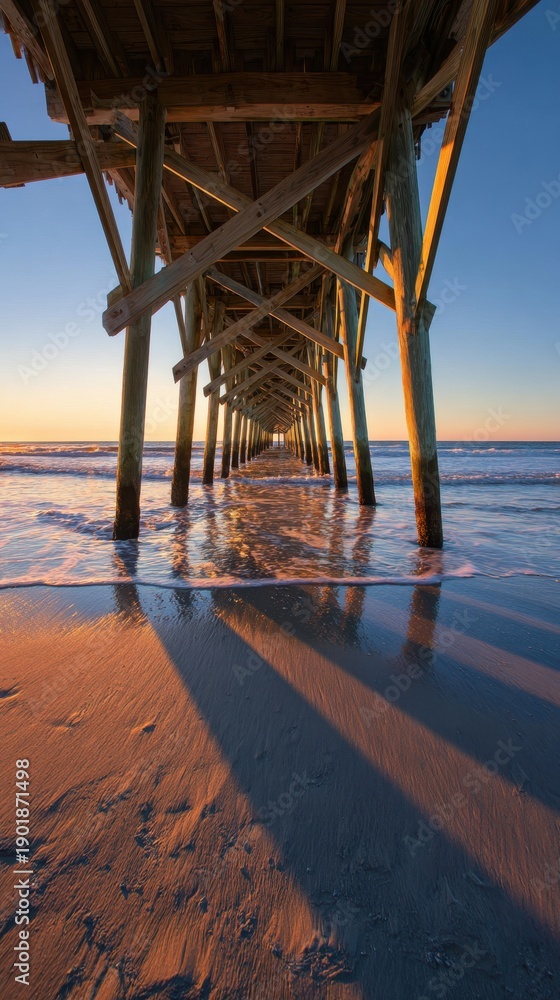 Fototapeta premium Vibrant photo of Symmetric Perspective Under a Wooden Pier During Golden Hour at the Beach