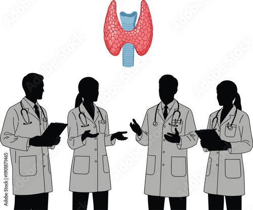 Medical doctors discussing thyroid gland anatomy illustration, endocrinology team consultation concept, healthcare professionals vector artwork for medical education and stock use