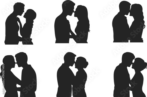 Romantic couple silhouettes, love embrace, kissing poses, black vector illustration, wedding theme, Valentine’s Day artwork, affection, romance, happiness, passion, relationship, decorative design
