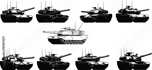 Military tank silhouette illustration set with modern armored vehicles, battle tank designs, defense equipment artwork, detailed vector war machine graphics for stock