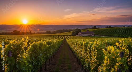 Vineyard at Sunset - A Serene Landscape of Rows and Golden Light.