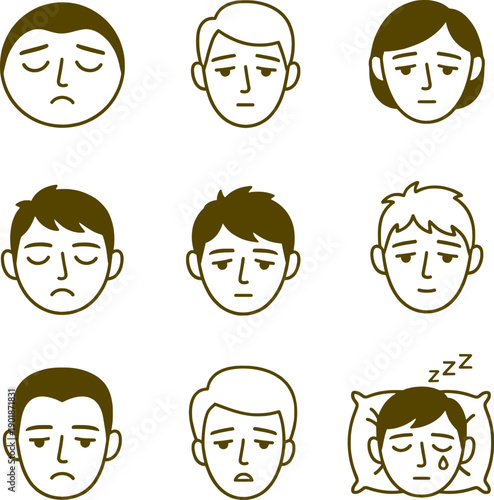 Set of minimalist avatars representing various emotions and states such as sadness, exhaustion, fatigue, and sleep. Line art illustrations of male and female faces with tired expressions.
