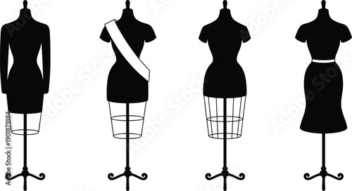 Dress form silhouettes, fashion mannequins, tailoring tools, garment construction illustration, sewing equipment, clothing design, vector art, fashion icons