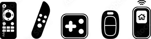 Set of vector icons representing different types of remote controls, including TV remote, game controller, car key fob, and smart home control device. Isolated on white background.