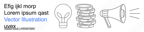 Business ideas, financial growth, marketing, communication strategies, creative solutions, digital services. Minimalist icons of a light bulb, stacked coins and a megaphone. Business ideas