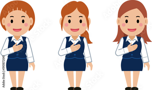 胸に手を当て笑顔。ネイビー事務服の若い女性。その2