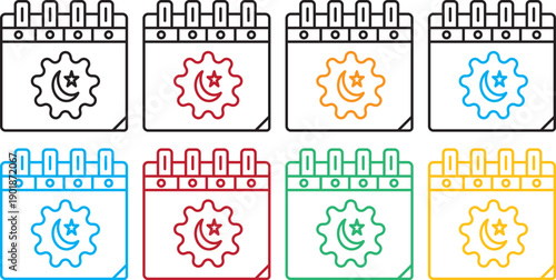 Islamic calendar Hijri icon set. Lunar date symbols. Islamic calendar and Hijri date icon set for the website. Professional lunar service logo. Muslim date branding.
