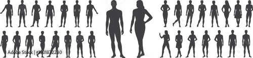 Silhouette figures, male female icons, diverse human poses, body language illustration, people shapes, vector art, design