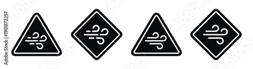 Black warning signs with wind symbol indicating strong gusty winds in triangle and diamond shapes for weather alerts and safety notices