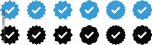 Blue and black verified checkmark badges, resembling starbursts, for social media, validation, and trust symbols, isolated on transparent backgrounds