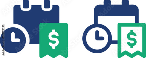 Blue and green icons linking calendar, clock, and receipt with dollar sign, representing financial deadlines and payment schedules on transparent background
