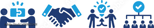 Business collaboration and teamwork icons. First shows puzzle pieces connecting people. Second features handshake. Third depicts people with idea bulb. Fourth illustrates organizational hierarchy.