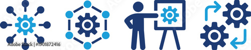 Business and technology icons illustrating collaboration, networking, gears, and training presentation demonstrating process, teamwork, and workflow efficiency
