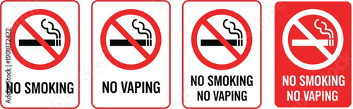 No smoking and no vaping prohibition signs with bold red warning symbols for safety, public areas, health regulations and restricted zones