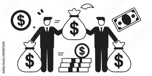 Business finance concept illustration showing two businessmen with money bags and dollar signs representing investment profit wealth and financial success