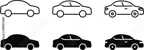 Car icons illustrating different vehicle models in outline and solid styles, perfect for transportation services, automotive industry, and traffic related themes.