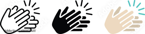 Clapping hands icons, showing applause and appreciation, celebration, success, greeting, three styles line art solid black and colored for positive feedback and recognition
