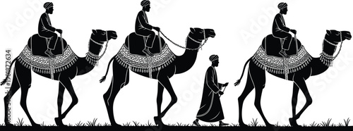 Camel caravan silhouette illustration, desert travelers walking with camels, traditional middle eastern journey art