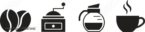 Coffee beans grinder and cup icons set, representing coffee making process and brewing beverage, isolated on transparent background, modern flat vector illustration.