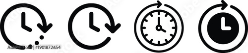 Clock icons representing time, duration, and circular process, showing time passing with arrows, clock faces with hands indicating hours and minutes, and 