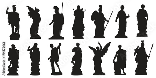 Collection of ancient Roman and Greek statues silhouettes, including gods, goddesses, and warriors, depicting classical art and historical figures for artistic and educational themes