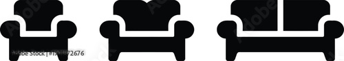 Collection of armchair and sofa icons in simple black silhouette style representing furniture, home decor, and seating options for interior design projects