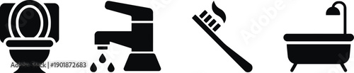 Collection of bathroom and hygiene icons featuring toilet, faucet with water drops, toothbrush with 