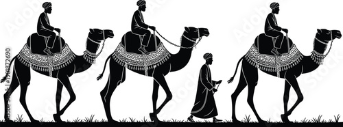 Camel caravan silhouette illustration, desert nomads walking with camels, traditional middle eastern travel concept art