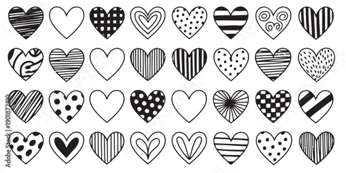 Collection of diverse hand-drawn heart shapes featuring various patterns like stripes polka dots checkerboard and abstract designs offering versatile romantic or decorative graphic elements