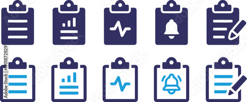 Collection of clipboard icons in different styles and colors, representing documents, notes, and data, medical and business checklists, administrative tasks 