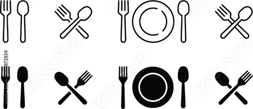 Collection of cutlery and plate icons, including forks, spoons, and plates in outline and silhouette styles. Represents dining, food, and restaurant services.