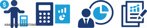 Collection of finance and business icons representing growth, success, and analysis with financial symbols, charts, and human figures symbolizing professional achievement