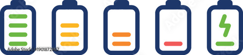 Collection of five colorful battery level icons, showing full to empty charge and charging symbol, presented on a transparent grid background, modern design.