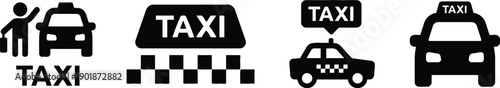 Collection of four black taxi icons, showing a car hailed by a person, the word taxi on a sign, and a car with checkerboard pattern roof