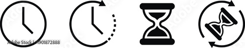 Collection of four black icons representing time and duration including analog clocks and hourglasses in different stages, symbolizing passage of time and urgency