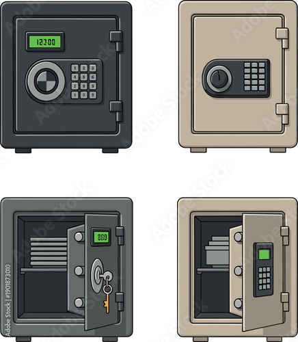 Professional bank safe and secure vault collection featuring digital keypads, mechanical dial locks, and open doors showing stored cash or documents.