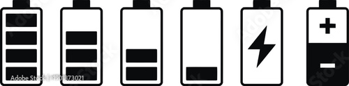 Collection of six black battery icons illustrating different charge levels from full to empty, with a lightning bolt indicating charging status, signifying power