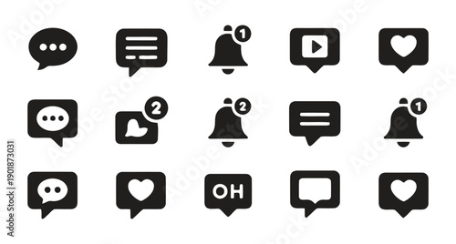 Collection of social media icons including speech bubbles, hearts, bells with notifications, video play buttons, and 'oh' message, in solid black, 15 elements total