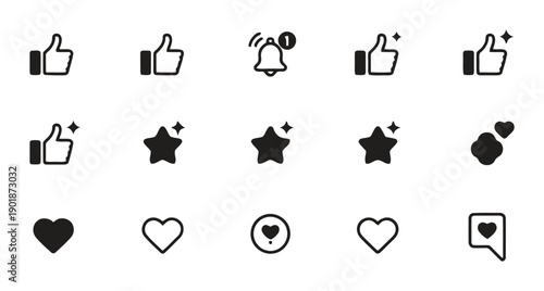 Collection of social media engagement icons including thumbs up, stars, hearts, and notification bells for likes, favorites, and user interaction